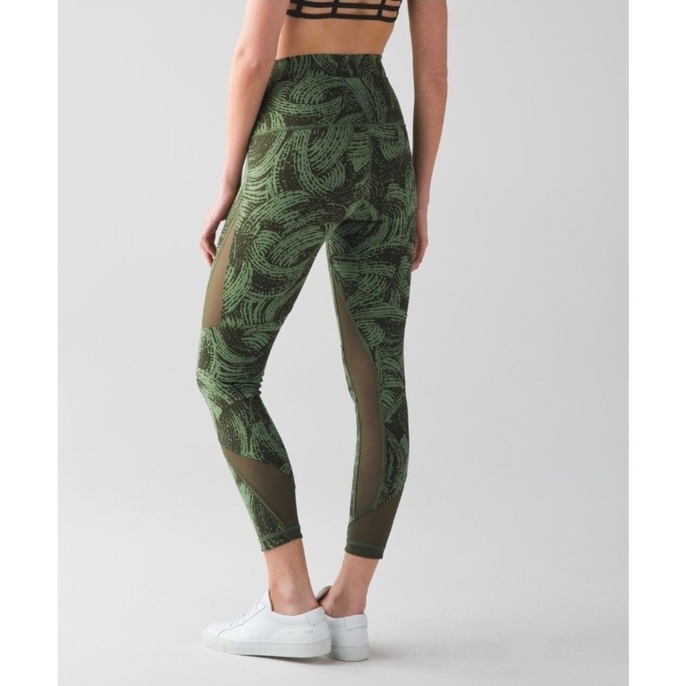 Lululemon Highest Times Wanderlust Wavy Olive Green Leggings Womens 4 Mesh Panel